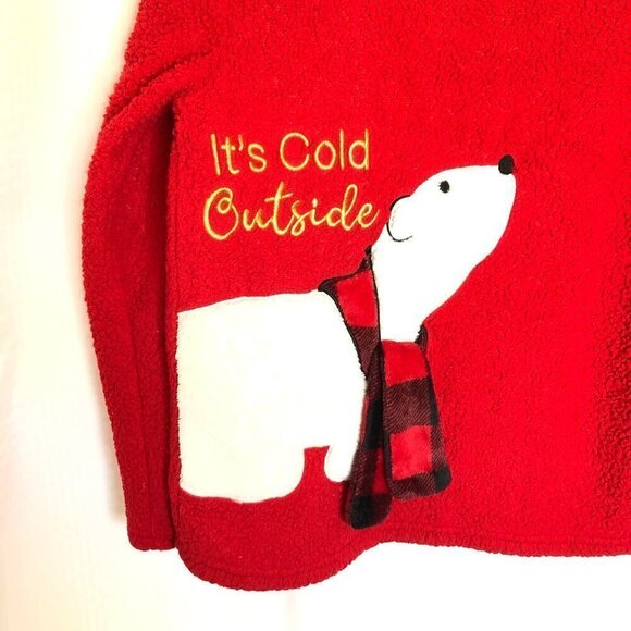 Red Fleece Sleep Top has Faux Fur Polar Bear Wearing Red Plaid Scarf Small - Picture 2 of 6